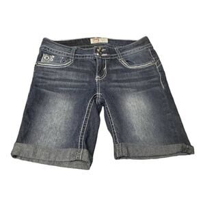 LEI Ashley Low Rise Dark Washed Embordered Pocket Design Bermuda Shorts | Size 1